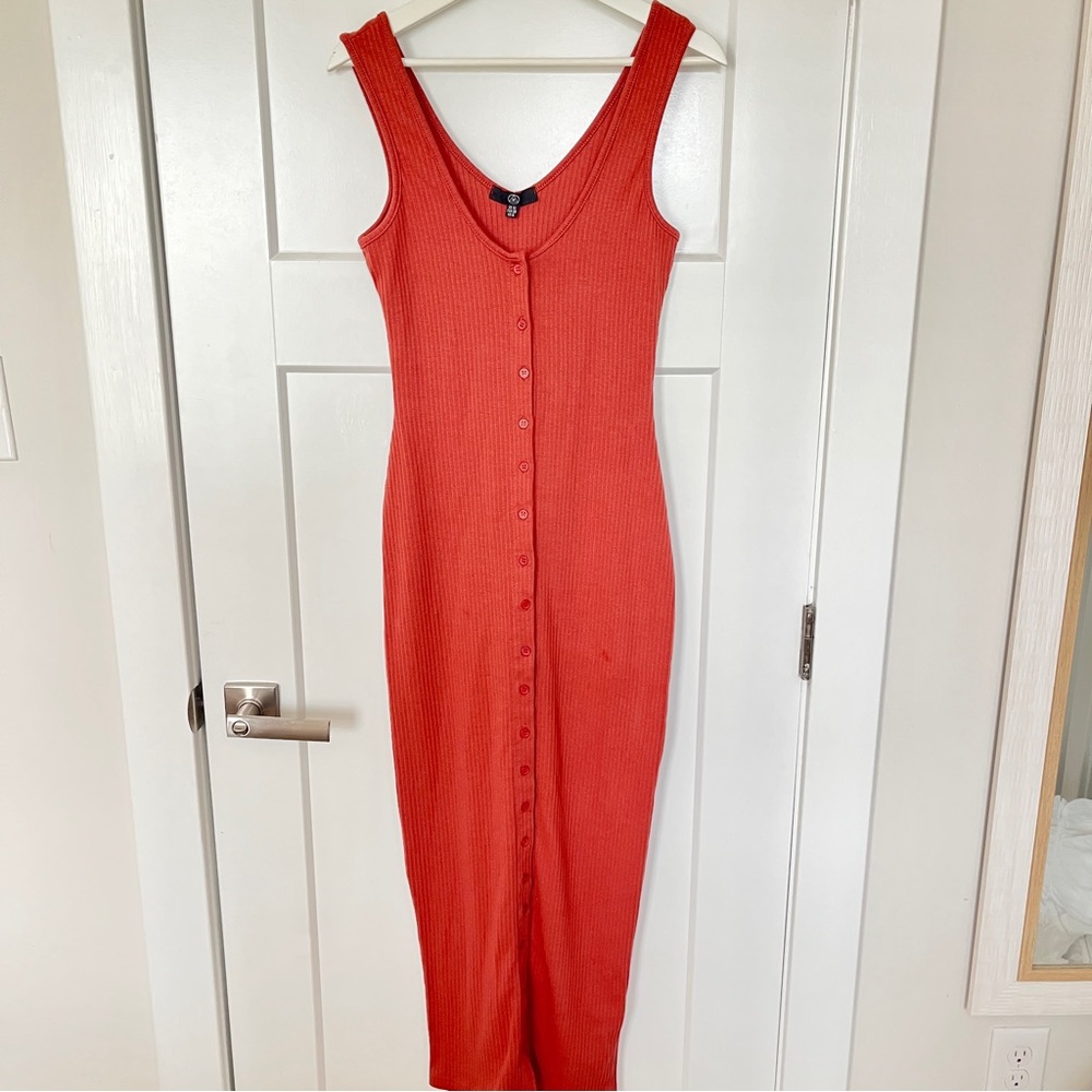 Missguided Orange/Pink Button Down Scoop Neck Midi Dress